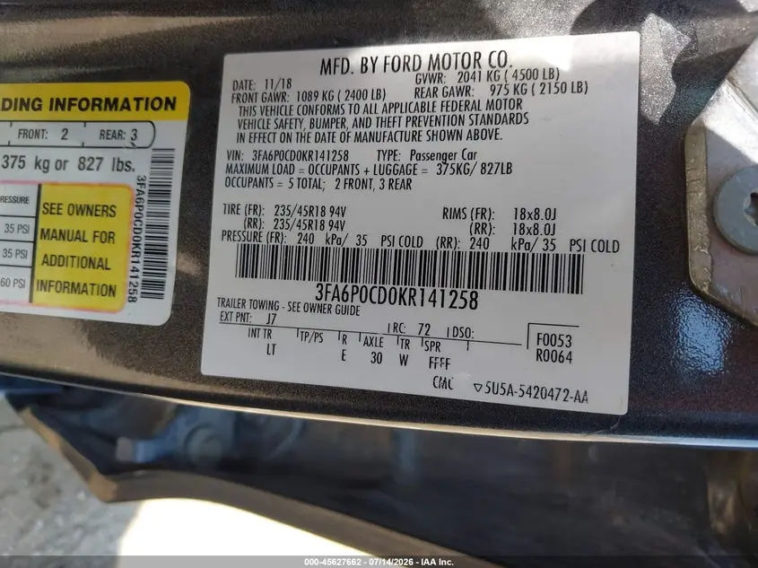 2019 FORD FUSION SEL