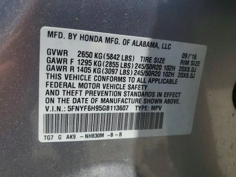 2016 HONDA PILOT TOURING  