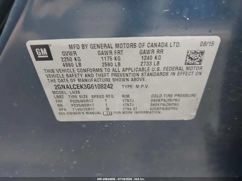 2016 CHEVROLET EQUINOX LT