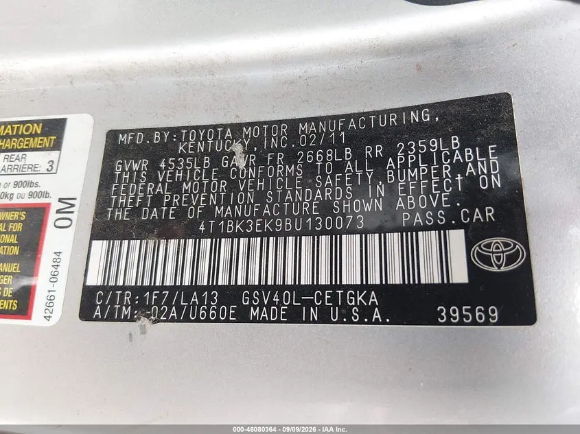 2011 TOYOTA CAMRY XLE V6