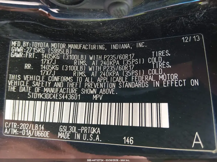 2014 TOYOTA SIENNA XLE V6 8 PASSENGER