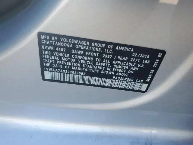 2018 VOLKSWAGEN PASSAT S  