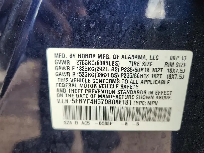 2013 HONDA PILOT EXL  