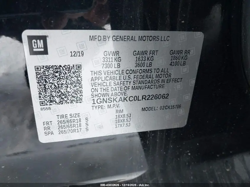 2020 CHEVROLET TAHOE 4WD LS