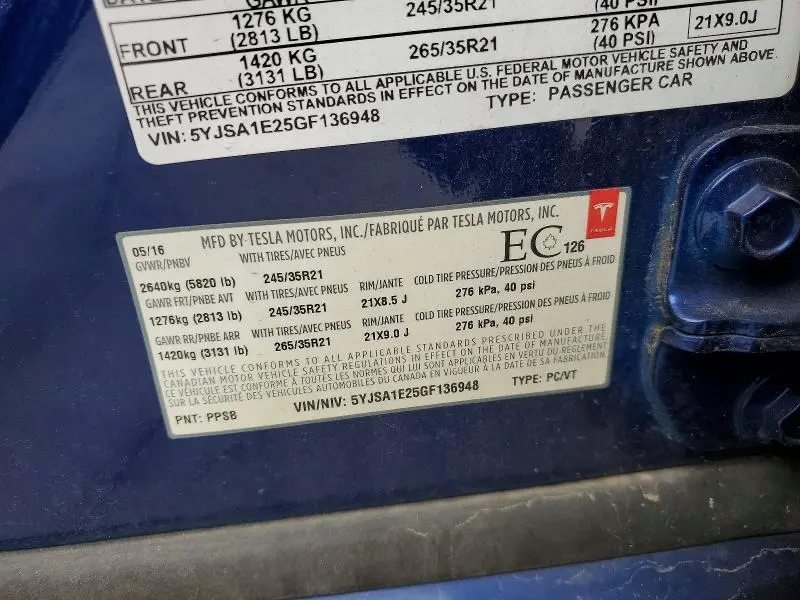 2016 TESLA MODEL S   