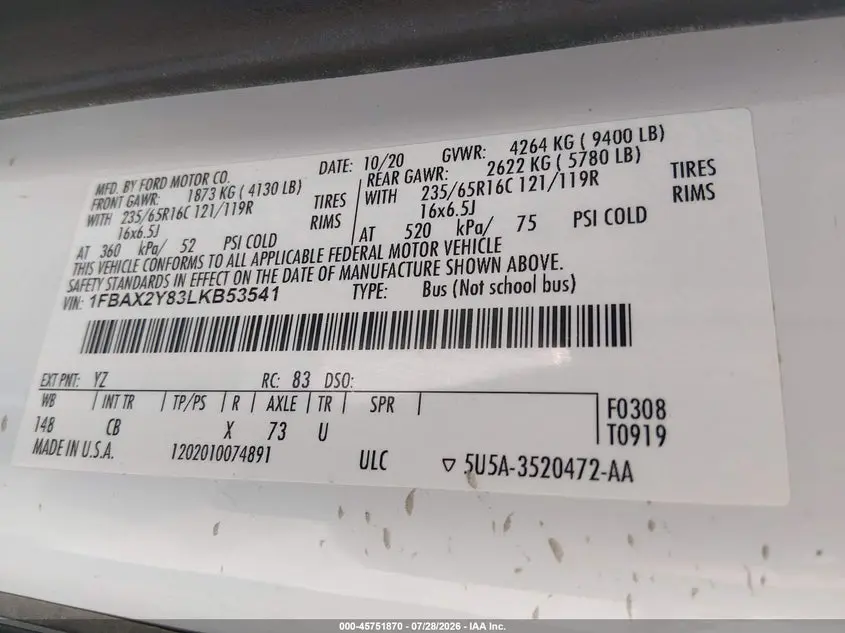 2020 FORD TRANSIT-350 PASSENGER VAN XL
