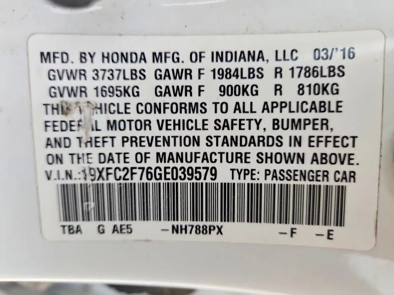 2016 HONDA CIVIC EX  