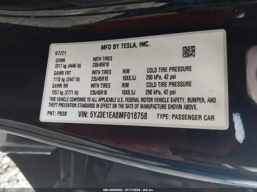 2021 TESLA MODEL 3 STANDARD RANGE PLUS REAR-WHEEL DRIVE