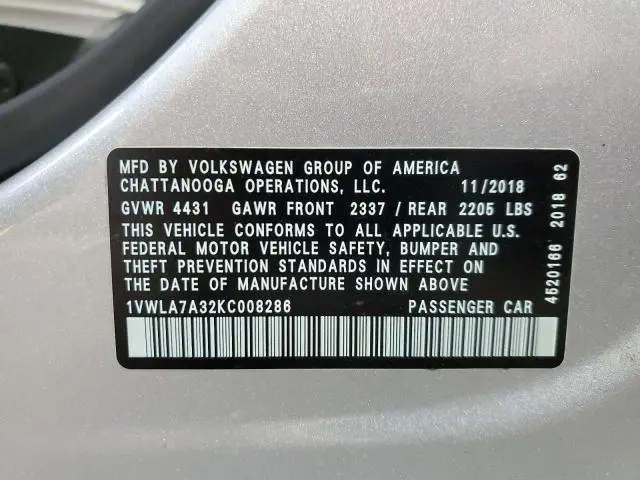 2019 VOLKSWAGEN PASSAT WOLFSBURG  