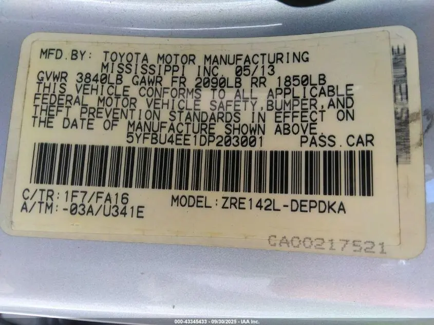 2013 TOYOTA COROLLA L