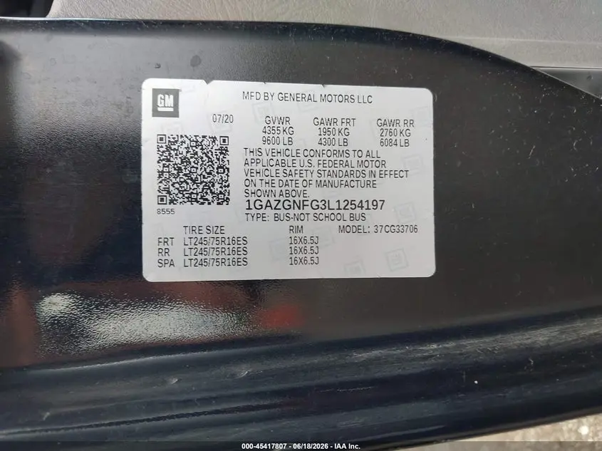 2020 CHEVROLET EXPRESS PASSENGER RWD 3500 EXTENDED WHEELBASE LS