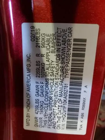 2019 HONDA ACCORD LX  