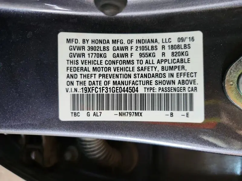 2016 HONDA CIVIC EX  
