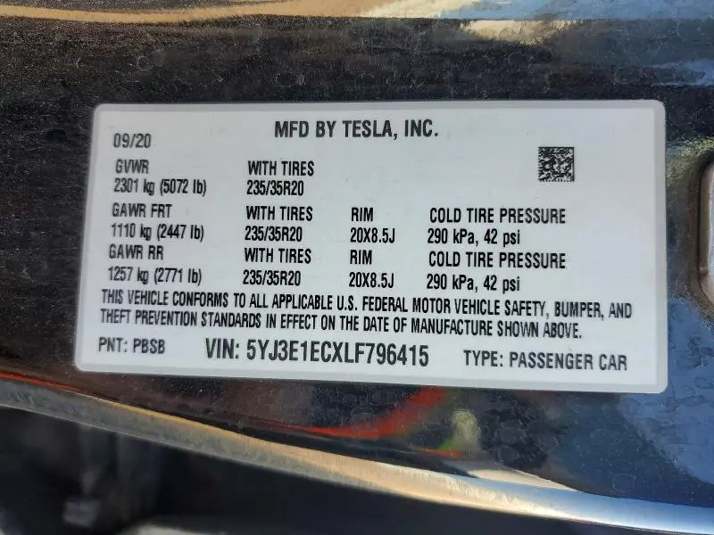 2020 TESLA MODEL 3   