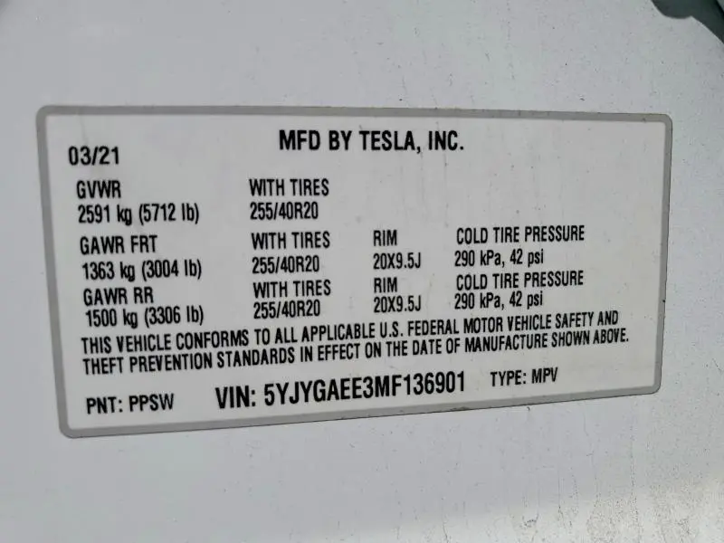 2021 TESLA MODEL Y   