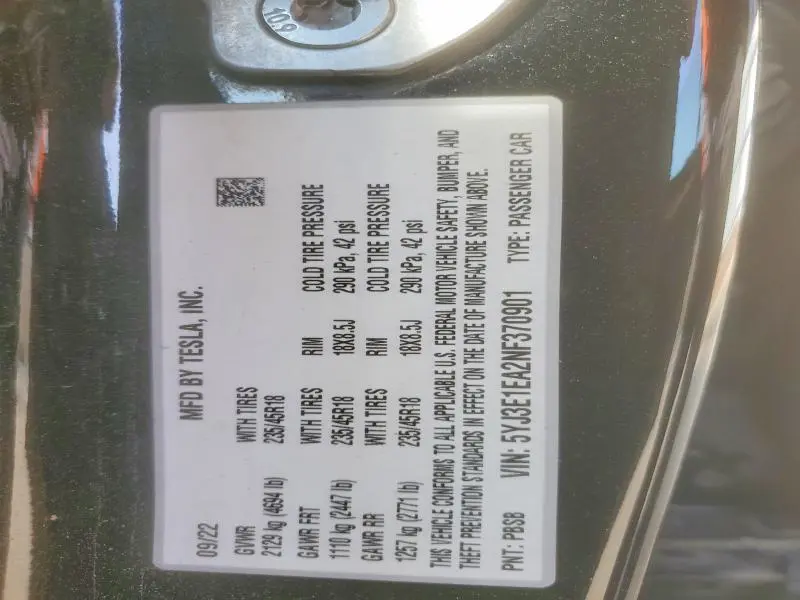 2022 TESLA MODEL 3   