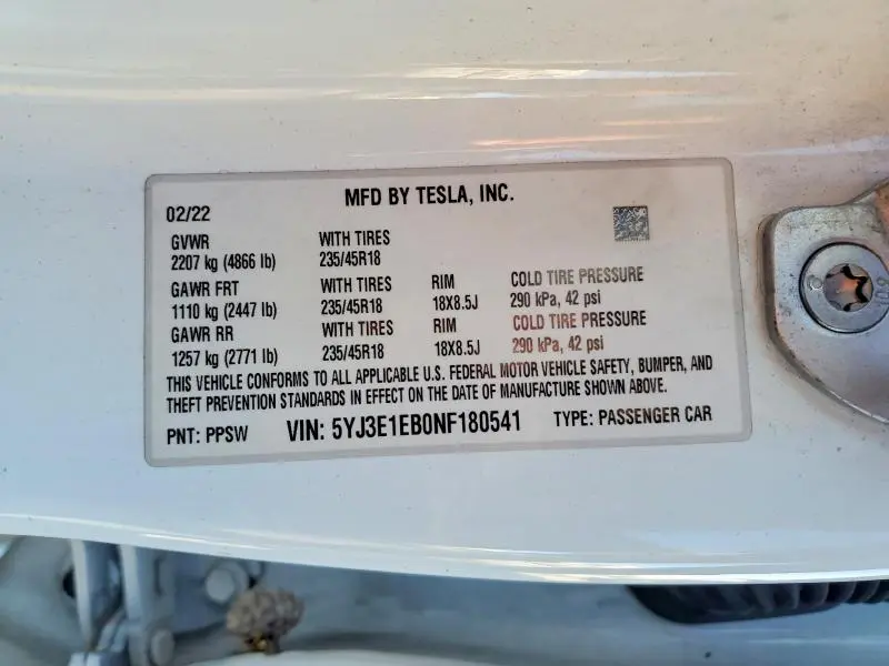 2022 TESLA MODEL 3   