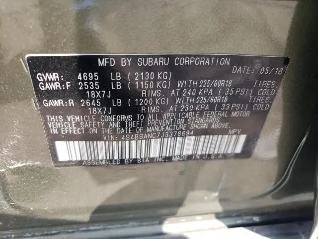 2018 SUBARU OUTBACK 2.5I LIMITED  