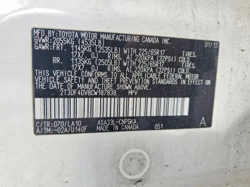 2012 TOYOTA RAV4 LIMITED  