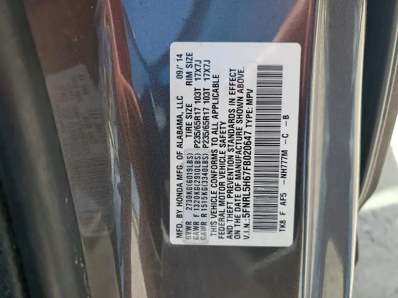 2015 HONDA ODYSSEY EXL  
