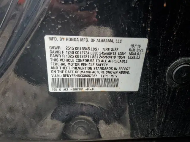 2016 HONDA PILOT EXL  