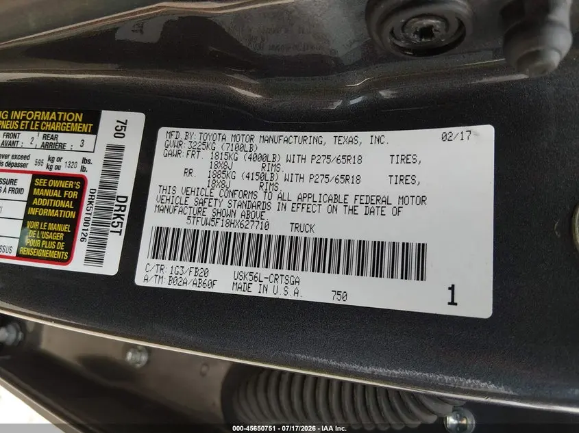 2017 TOYOTA TUNDRA SR5 5.7L V8