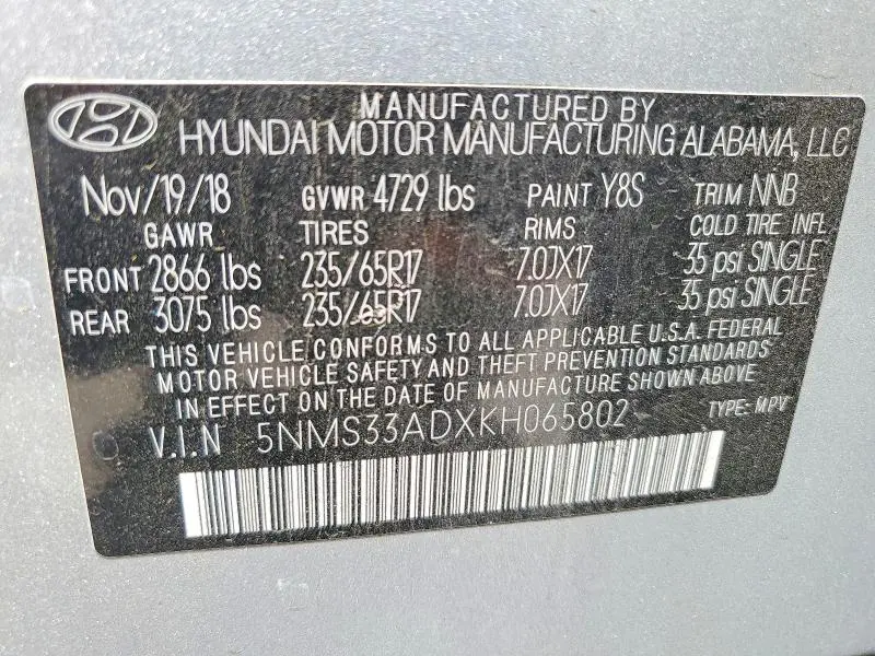 2019 HYUNDAI SANTA FE SEL 2.4L  