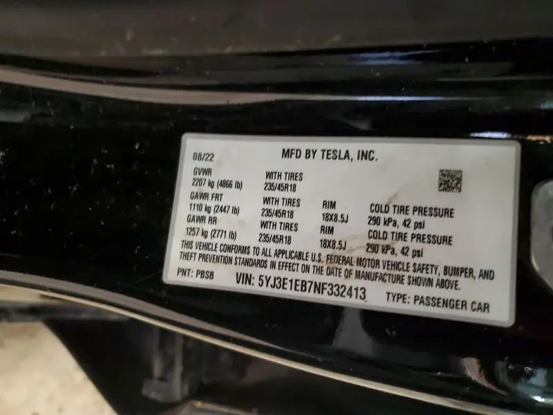 2022 TESLA MODEL 3   
