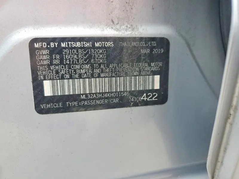2019 MITSUBISHI MIRAGE ES  