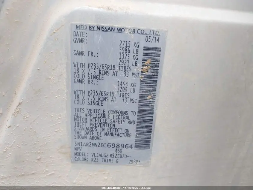 2014 NISSAN PATHFINDER SL