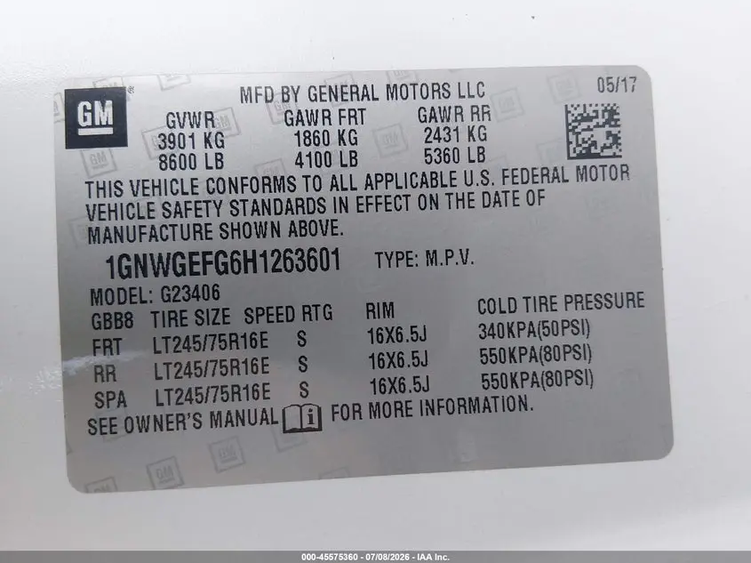 2017 CHEVROLET EXPRESS 2500 LS