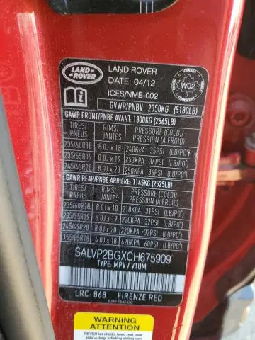 2012 LAND ROVER RANGE ROVER EVOQUE PURE PLUS  