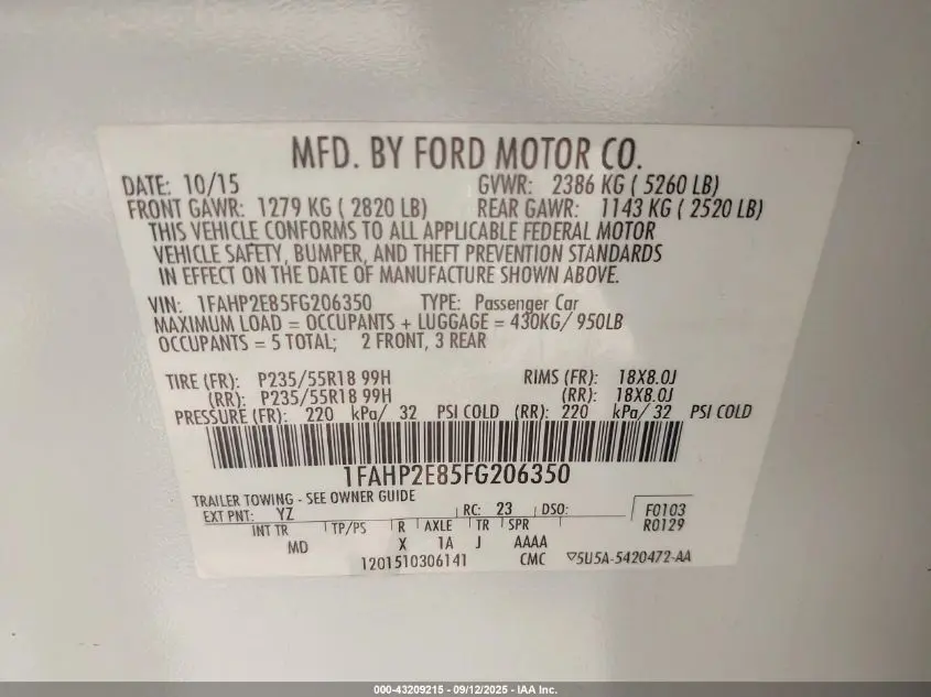 2015 FORD TAURUS SEL