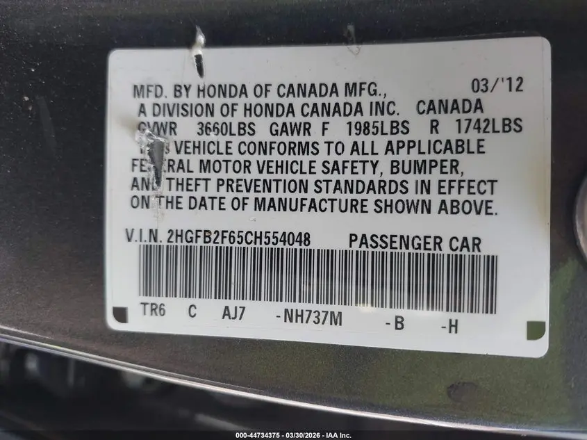 2012 HONDA CIVIC HF
