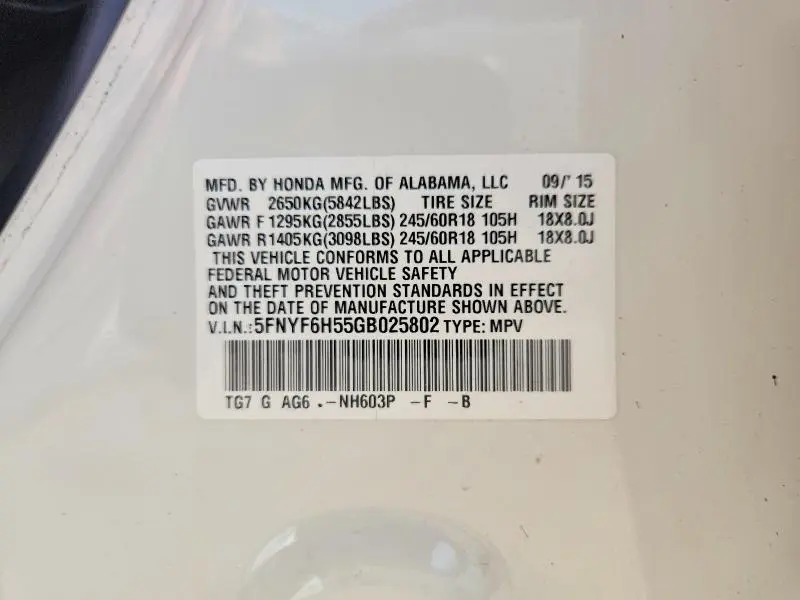 2016 HONDA PILOT EXL  