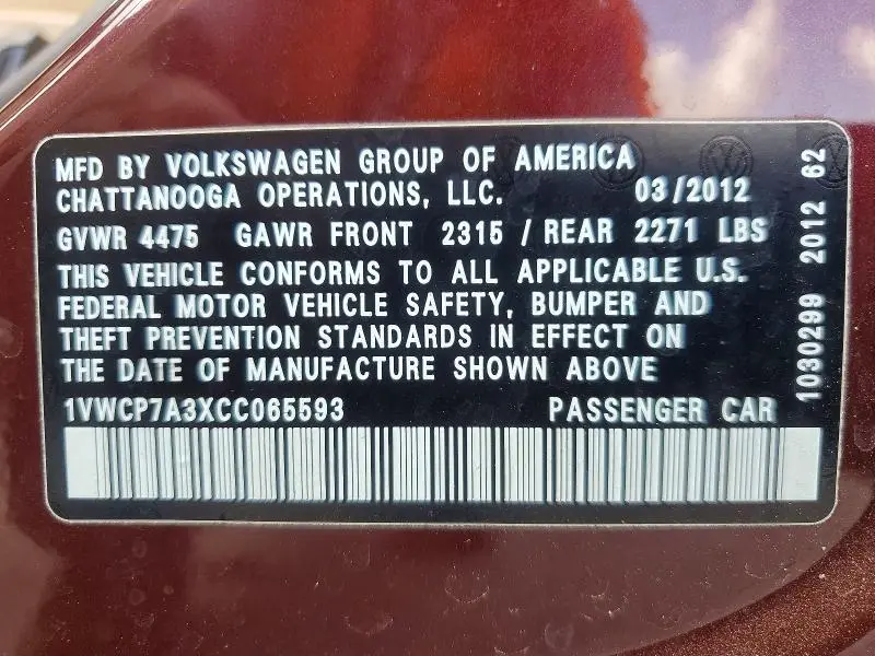 2012 VOLKSWAGEN PASSAT SEL  