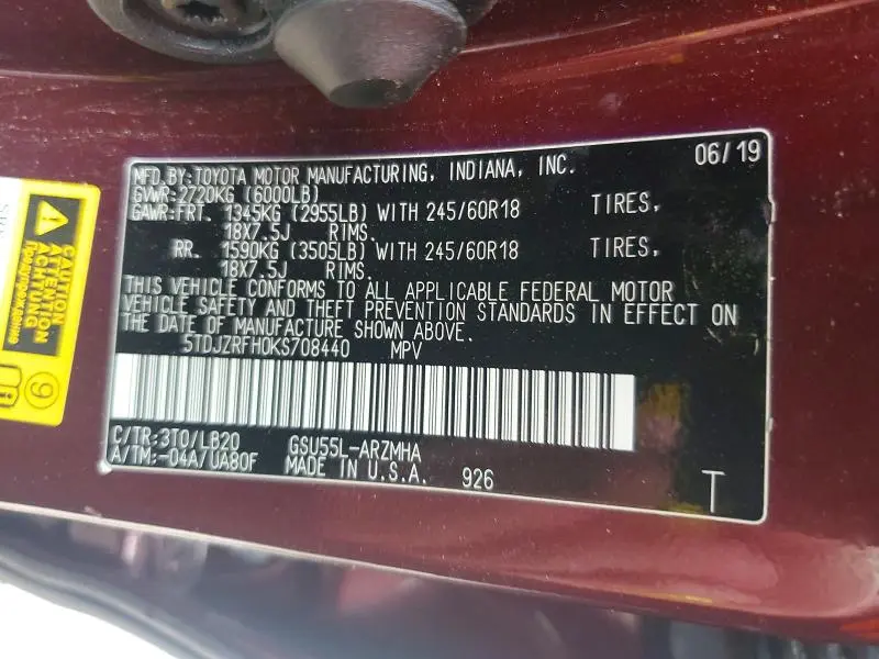 2019 TOYOTA HIGHLANDER XLE  
