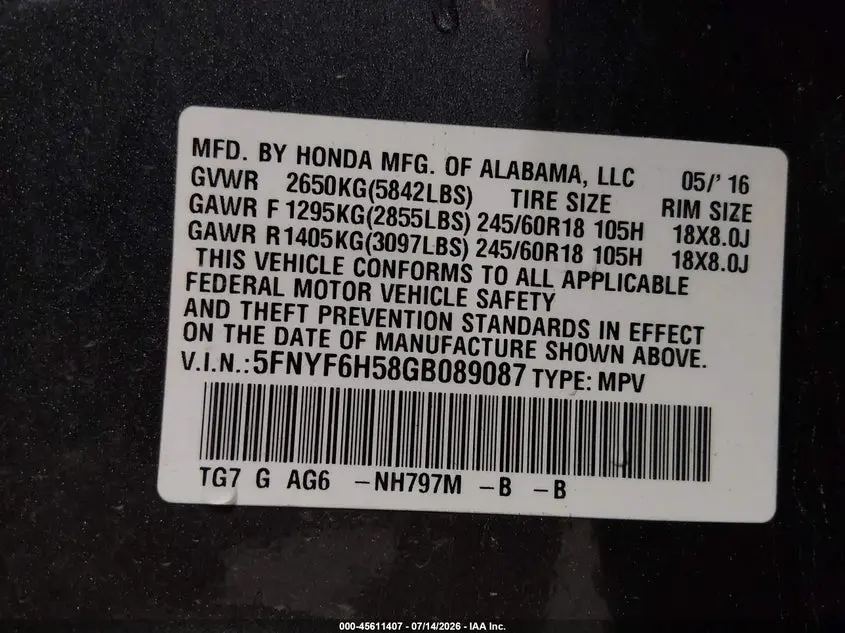2016 HONDA PILOT EX-L