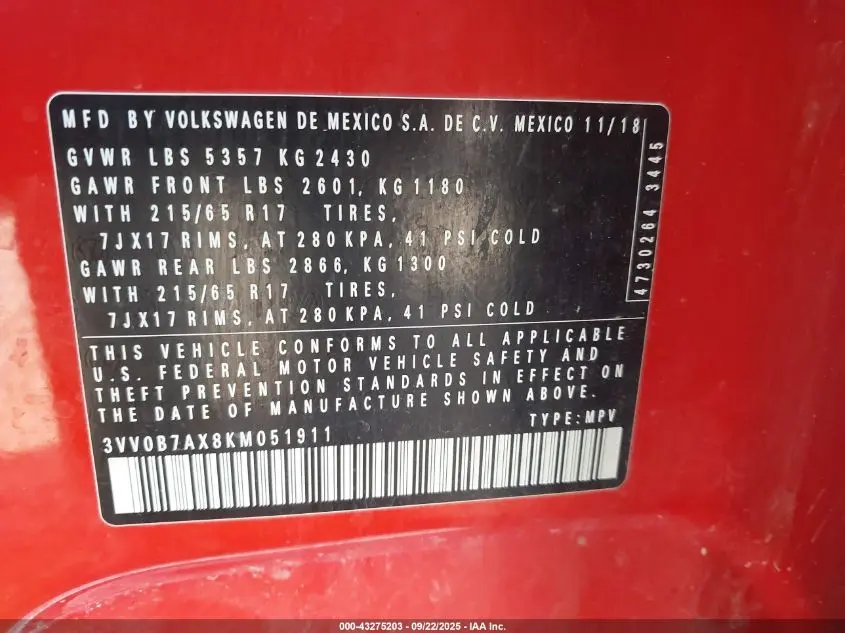 2019 VOLKSWAGEN TIGUAN 2.0T S