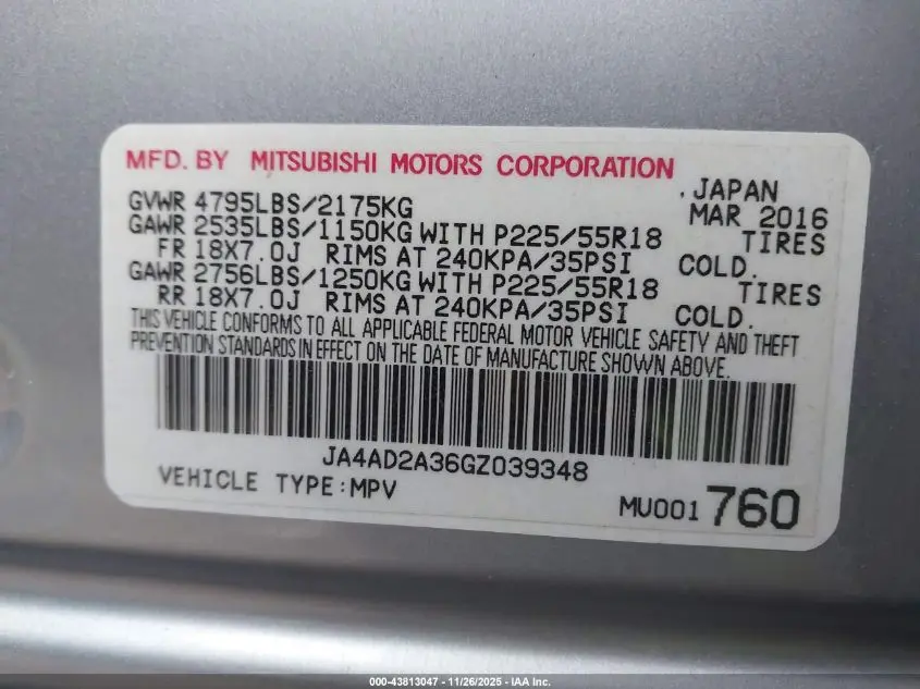 2016 MITSUBISHI OUTLANDER ES