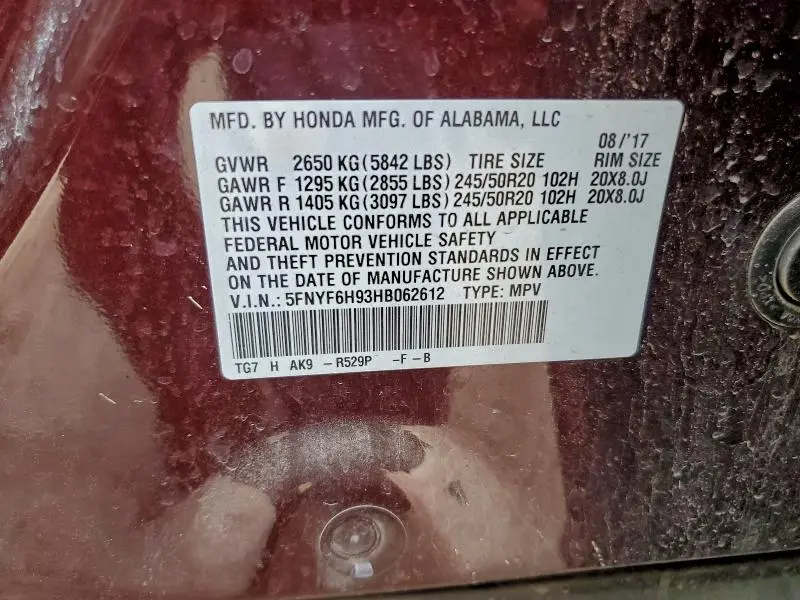 2017 HONDA PILOT TOURING  