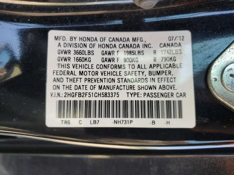 2012 HONDA CIVIC LX  