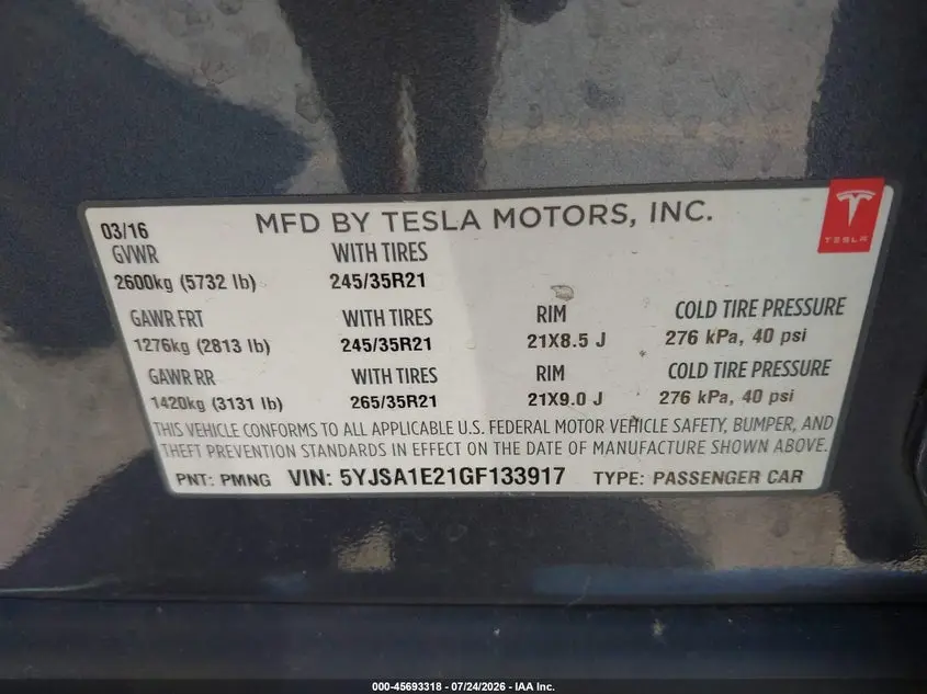 2016 TESLA MODEL S 60D/70D/75D/85D/90D