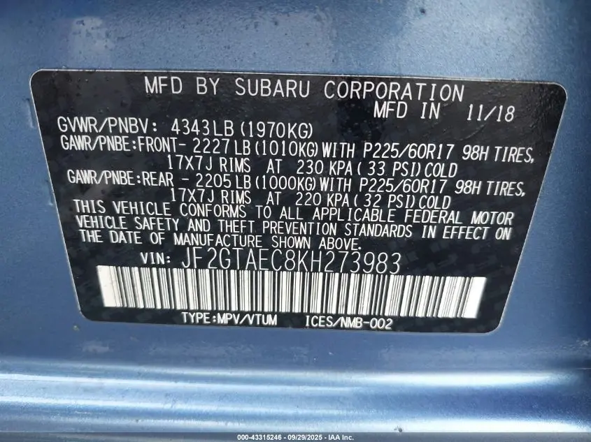 2019 SUBARU CROSSTREK 2.0I PREMIUM