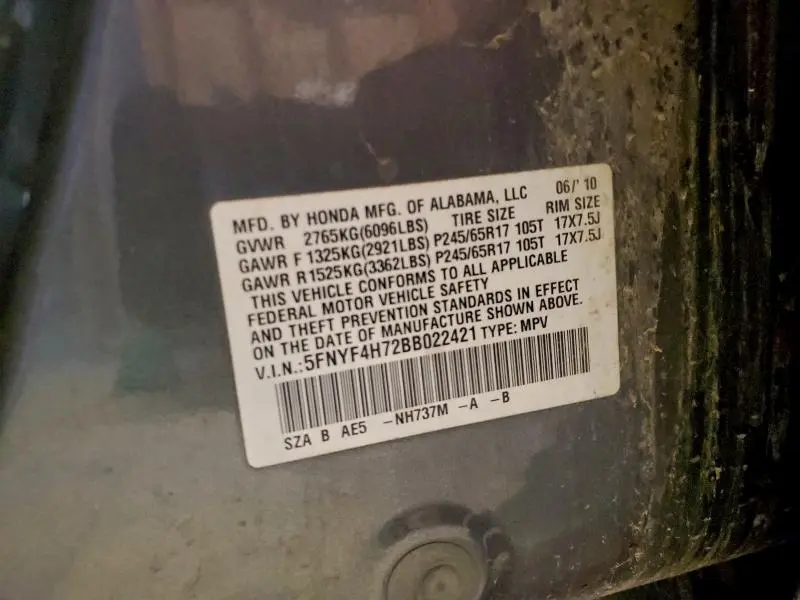 2011 HONDA PILOT EXLN  