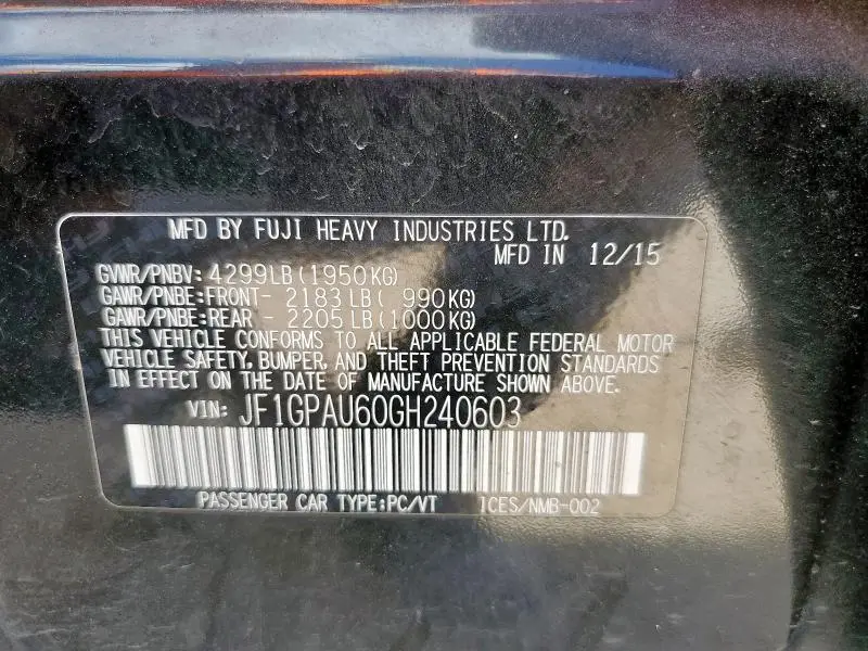 2016 SUBARU IMPREZA SPORT LIMITED  