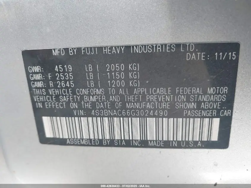 2016 SUBARU LEGACY 2.5I PREMIUM