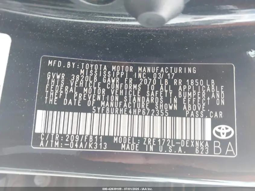 2017 TOYOTA COROLLA LE