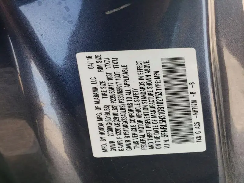 2016 HONDA ODYSSEY SE  