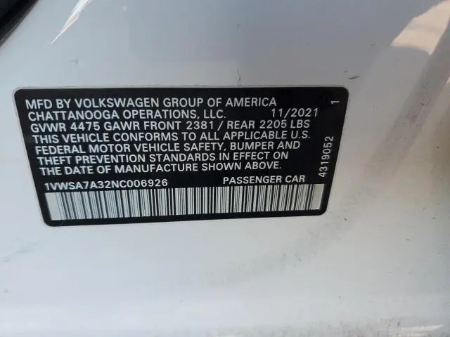 2022 VOLKSWAGEN PASSAT SE  